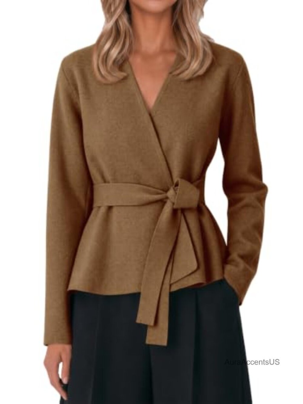 Womens Open Front Belted Cardigan Long Sleeve Knit Wrap Sweater Business Casual